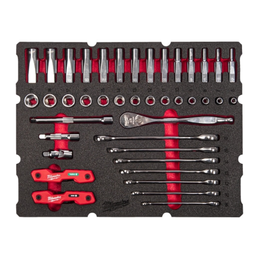 MILWAUKEE 55-teilige Einlage für PACKOUT Koffer mit Schubladen 3/8" Ratschen- u. Steckschlüsseleinsätze, Ratschen-Ringmaulschlüssel Einlage