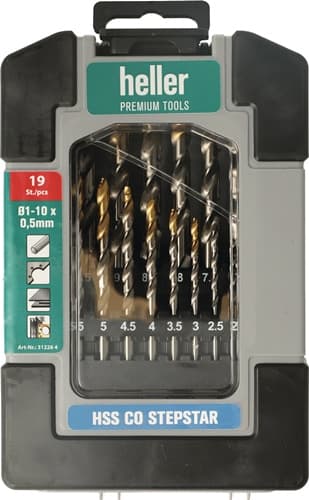 HELLER Metallbohrer-Set DIN 338 Stepstar D.1-10 HSS-Co TiN 19-tlg.Heavy-Duty Box HELLER