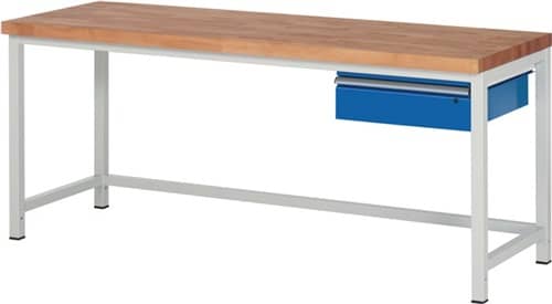 RAU Werkbank Classic B2000xT700xH840mm Buche massiv lichtgrau enzianblau Schubl.1