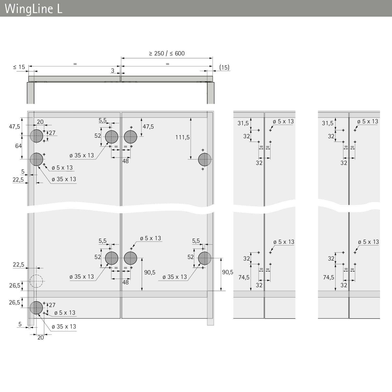 HETTICH WingLine L, Profilset ohne untere Führung, 2400, pulverbeschichtet weiß, 9279170