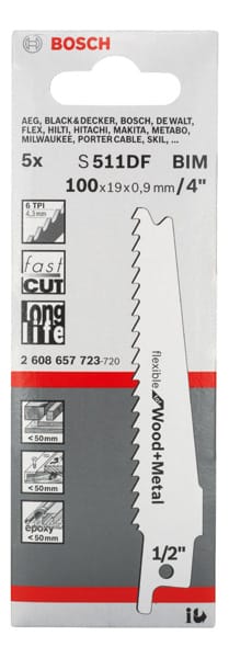BOSCH Säbelsägeblatt S 511 DF, Flexible for Wood and Metal, 5er-Pack