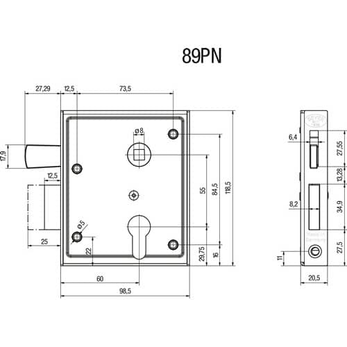BEVER Universal-Kastenschloss DIN L/R PZ hebende F 60mm BEVER