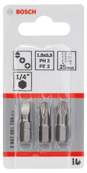 BOSCH Schrauberbit-Set Extra-Hart (gemischt), 3-teilig, S 1,0x5,5, PH2, PZ2, 25 mm