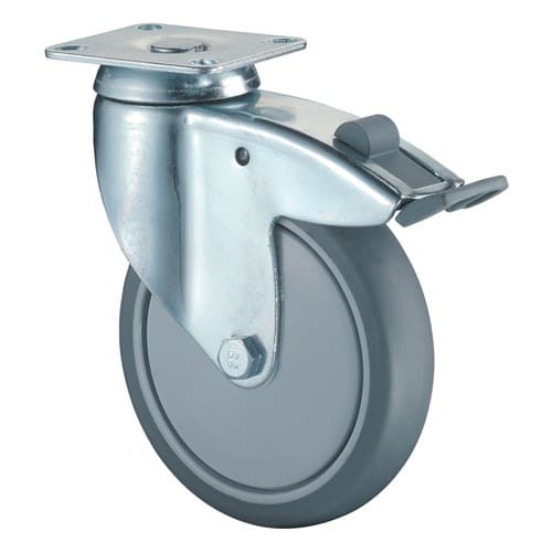 BS ROLLEN Lenkrolle m.Festst.D.100mm Trgf.80kg m.Platte Kugell.Gum.grau BS ROLLEN