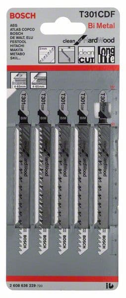 BOSCH Stichsägeblatt T 301 CDF Clean for Hard Wood, 5er-Pack
