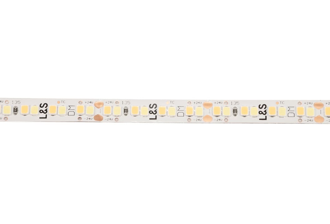 L&S LED-Band HE 112+112LEDs/m (2835), 2700-6500K, 4+4LEDs/35,7mm, 24DC, 4W/m, 8mmx5m, mit 2x Anschlussltg. 2000mm, white PCB, IP20,