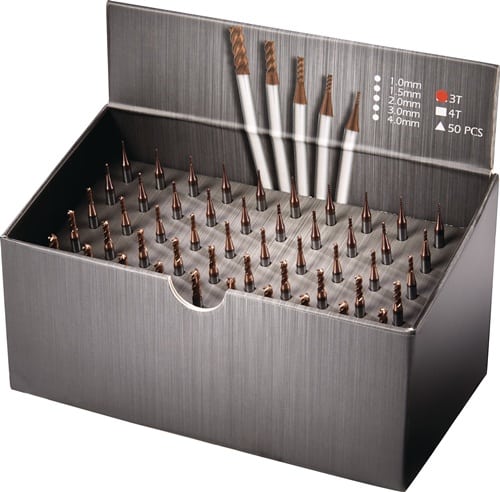 TECWERK Schaftfräser-Set DIN 6527 D.1/1,5/2/3/4mm Z.3 VHM TiSiN 50tlg.Krt.TECWERK