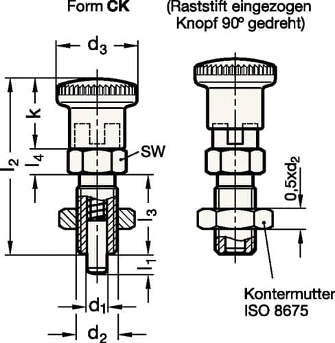 GANTER Rastbolzen GN 817 d1 6mm d2 M12 x 1,5mm l1 6mm Stahl,o.Rastsperre,m.Kontermutter