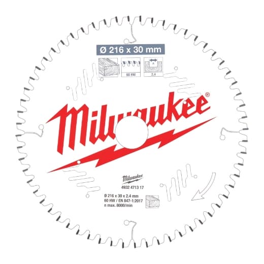 MILWAUKEE 216/30 mm Z60 Wechselzahn negativ Sägeblatt Holz für Kapp- und Gehrungssägen