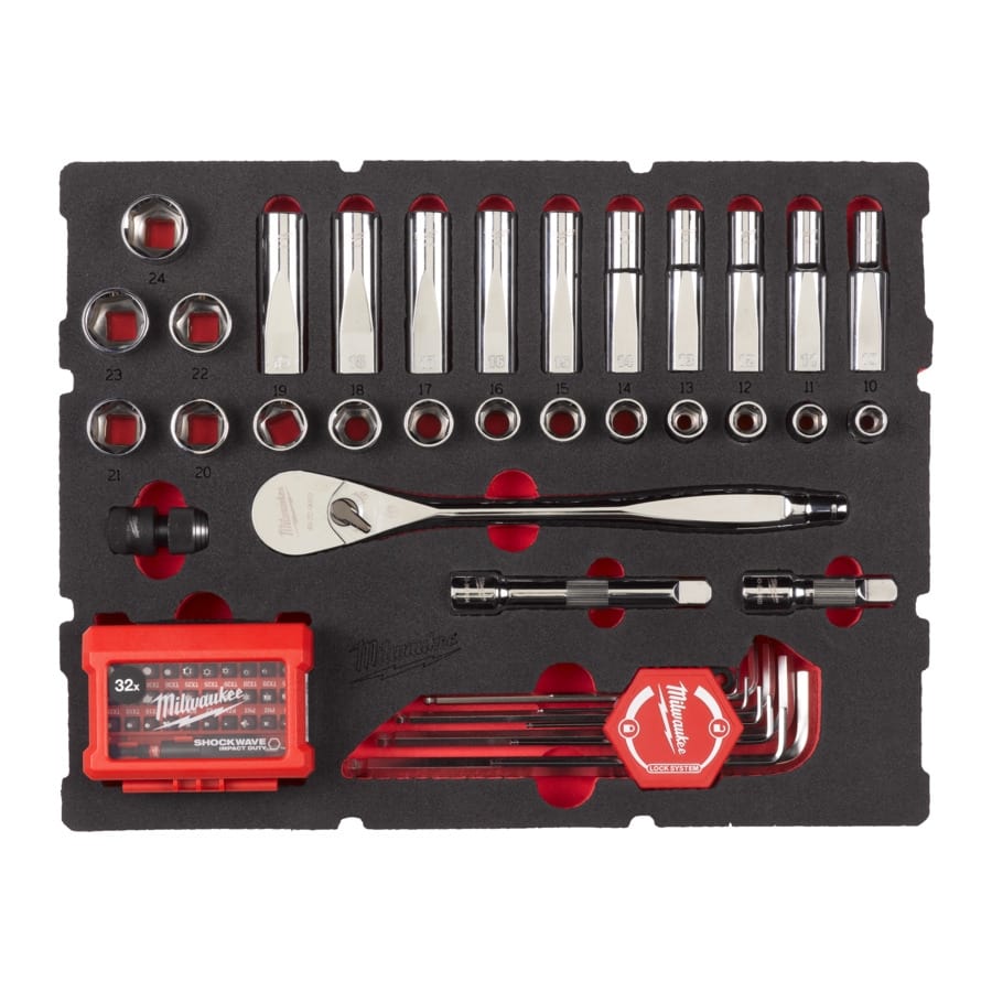 MILWAUKEE 70-teilige Einlage für PACKOUT Koffer mit Schubladen Sechskantschlüssel, SHOCKWAVE Bits & 1/2" Ratschen u. Steckschlüsseleinsätze Einlage