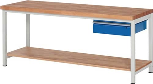 RAU Werkbank Classic B2000xT700xH840mm Buche massiv lichtgrau enzianblau 1Schubl.1BD