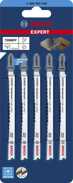 BOSCH EXPERT ‘Hardwood 2-side clean’ T 308 BFP Stichsägeblatt, 5 Stück. Für Stichsägen