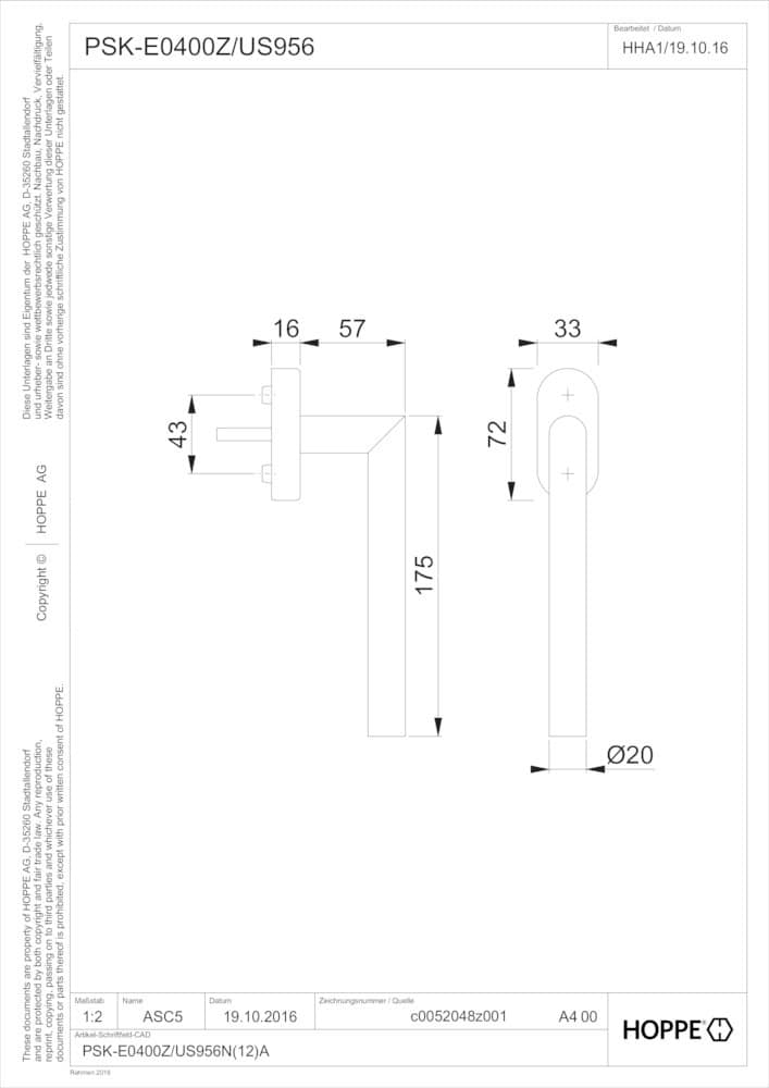 HOPPE® Griff Paris PSK-E0400Z/US956, mit VarioFit®, Aluminium, 11544405