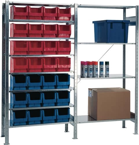 TECWERK Steckregal H2000xB1000xT500mm Anbauregal 10 Stahlbd.14xMK2Z blau,13xMK2Z rot TW