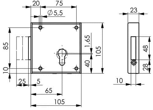 AMF Gittertor-Riegelschloss 100 DIN re.PZ aufliegend 65mm AMF