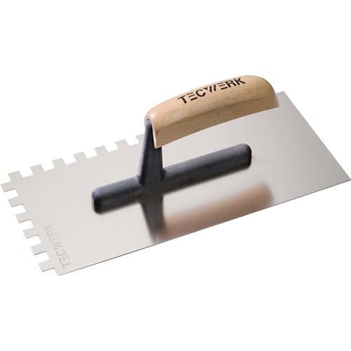 TECWERK Glättekelle L.280mm B.130mm Zahn 10x10 rostfr.H-Heft VA S.0,7mm TECWERK