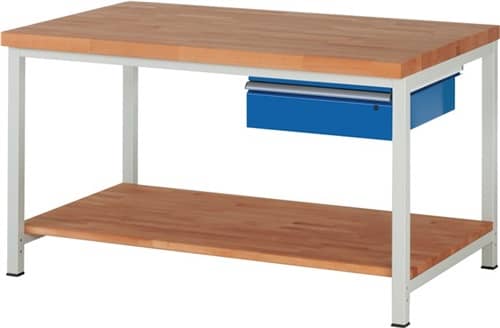 RAU Werkbank Classic B1500xT900xH840mm Buche massiv lichtgrau enzianblau 1Schubl.1BD