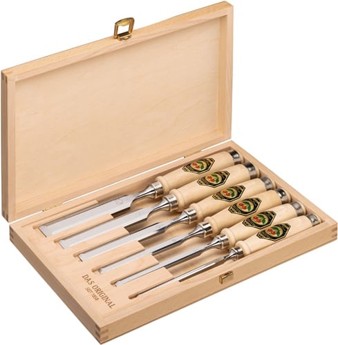 KIRSCHEN Stechbeitelsatz 6,10,12,16,20,26mm Weißbuchenh.Ulmer Form HO-Kasten