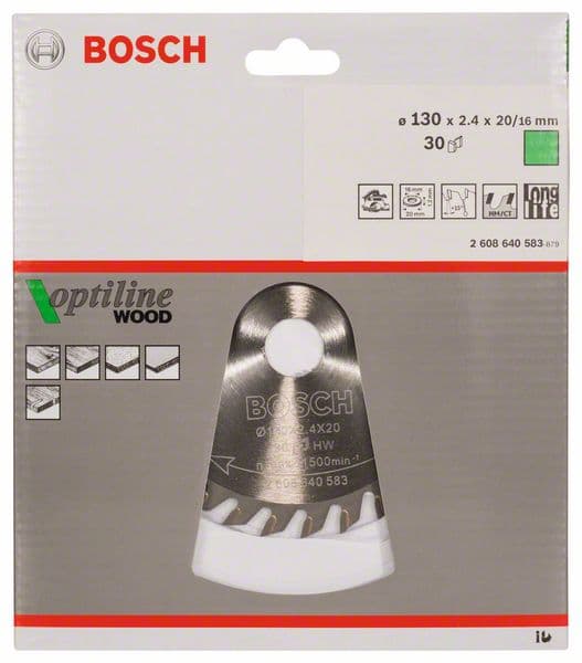 BOSCH Kreissägeblatt Optiline Wood für Handkreissägen, 130 x 20/16 x 2,4 mm, 30