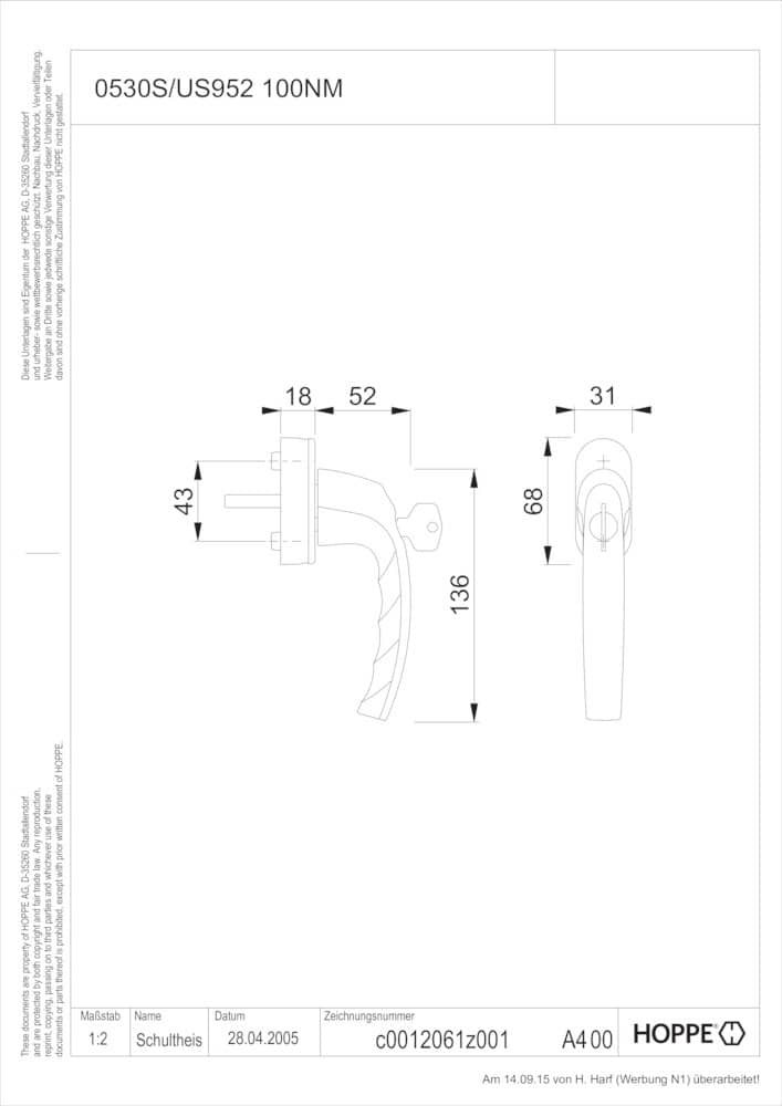 HOPPE® Fenstergriff absperrbar Atlanta 0530S/US952 100NM, N10, mit Schrauben, Aluminium, 10763950