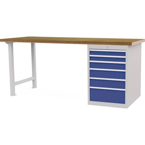 Nordwest Werkbank B2000xT750xH859mm Buche-Multiplex lichtgrau/signalblau 6Schubl.Türen