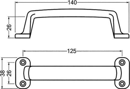 HERMETA Handgriff A.26mm L.140mm B.38mm Alu-Guss silberf.elox.Löcher 4,D.3,7mm HERMETA