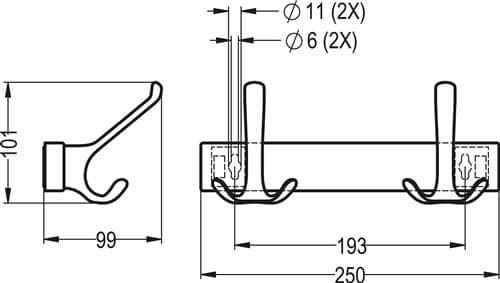 HERMETA Huthakenleiste 0822-0824 4 Hak.A.96mm LM silberf.elox.H.102mm HERMETA