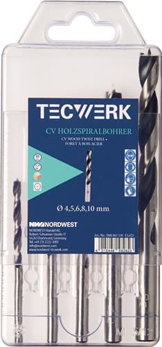 TECWERK Holzspiralbohrersatz D.4,5,6,8,10mm 5tlg.CV-Stahl TECWERK