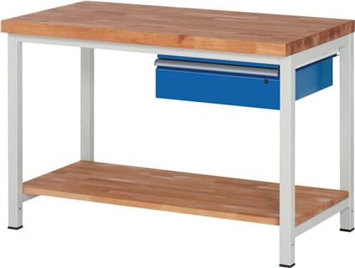 RAU Werkbank Classic B1250xT700xH840mm Buche massiv lichtgrau enzianblau 1Schubl.1BD