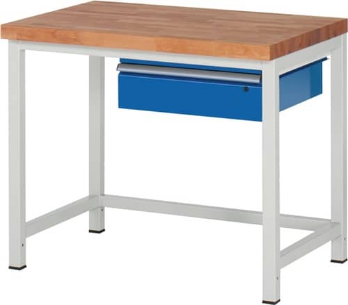 RAU Werkbank Classic B1000xT700xH840mm Buche massiv lichtgrau enzianblau Schubl.1