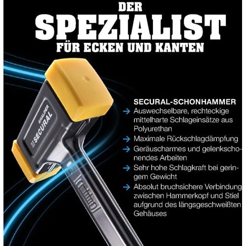 HALDER Schonhammer SECURAL L.300mm Kopf-D.30x40mm rückschlagfrei mittelh.PU gelb HALDER