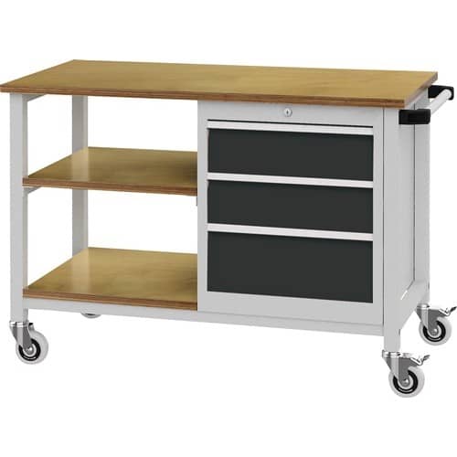 Werkbank B1200xT540xH880mm Buche Multiplex lichtgrau/grau 3 Schubl.2x150,1x200mm