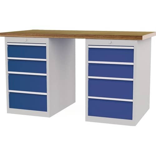 Nordwest Werkbank B1500xT750xH859mm Buche-Multiplex lichtgrau/signalblau 8Schubl.Türen