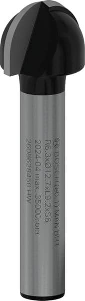 BOSCH Hohlkehlfräser 6 mm, R1 6,3 mm, D 12,7 mm, L 9,2 mm, G 40 mm