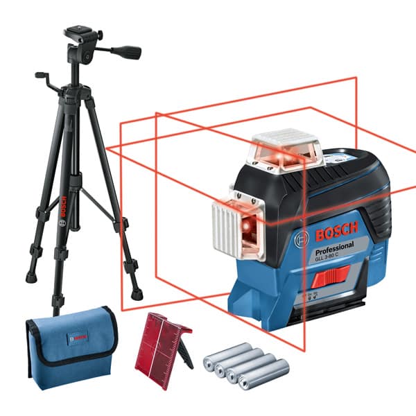 BOSCH Linienlaser GLL 3-80 C, mit 4 x 1,5 V-LR6, AA1 Akku-Adapter, Baustativ BT 150