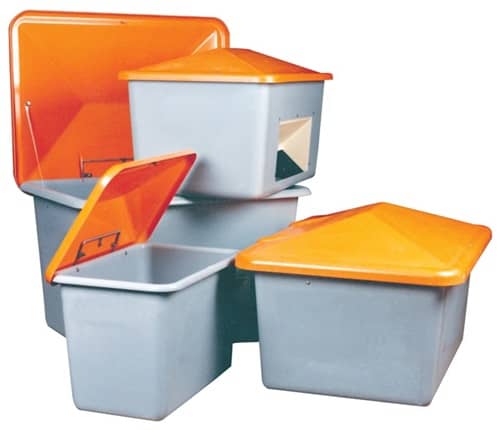 CEMO Streugutbehälter L1340xB990xH960mm 700l GFK grau/orange m.Entnahmeöffnung