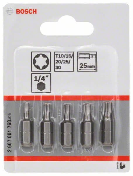 BOSCH Schrauberbit-Set Extra-Hart (Torx), 5-teilig, T10, T15, T20, T25, T30, 25 mm