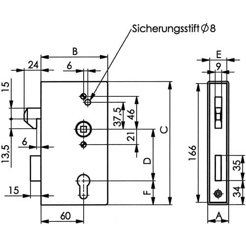 AMF Schiebetorschlosskasten 140S DIN L/R Maß A30xB94xC172mm Dornm.60mm AMF