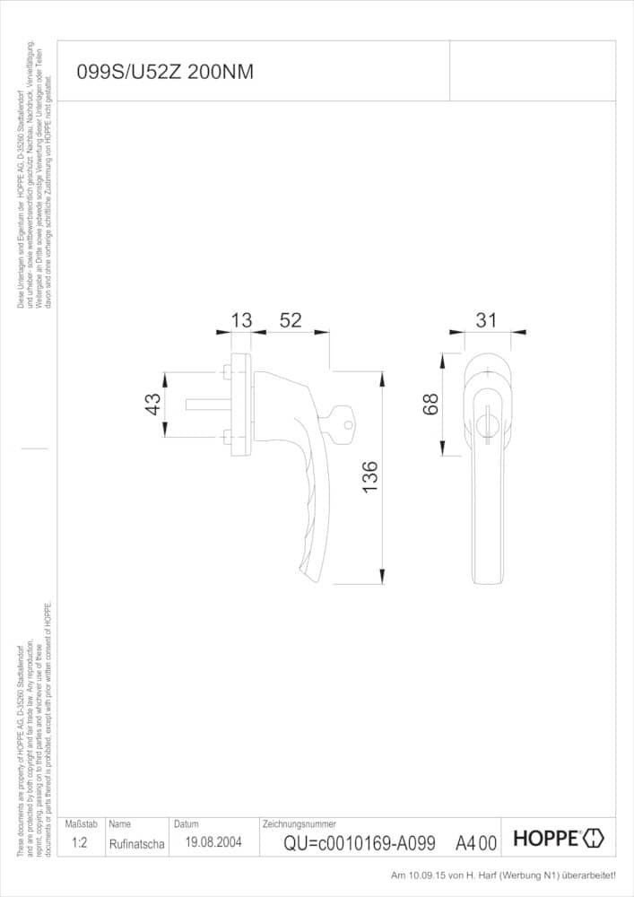 HOPPE® Fenstergriff absperrbar Luxembourg 099S/U52Z 200NM, ohne Schrauben, Aluminium 8133886
