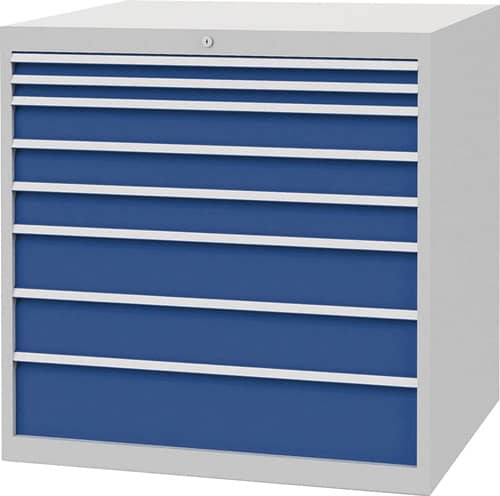 BEDRUNKA+HIRTH Schubladenschrank H1019xB1005xT736mm lichtgrau/signalblau 8 Schubl.Voll.Bedrunka
