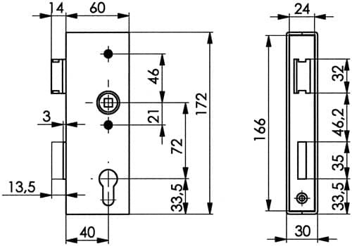 AMF Schlosskasten 141UNIG-30PZ DIN L/R Maß A30xB60xC166mm Dornm.40mm AMF