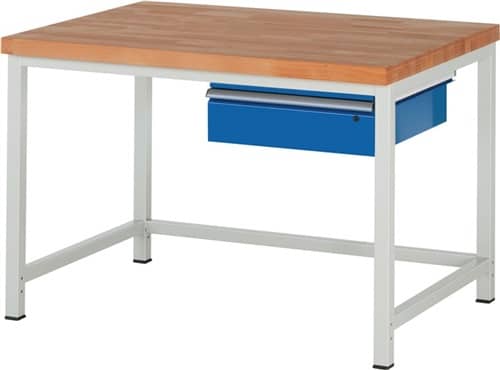 RAU Werkbank Classic B1250xT900xH840mm Buche massiv lichtgrau enzianblau Schubl.1