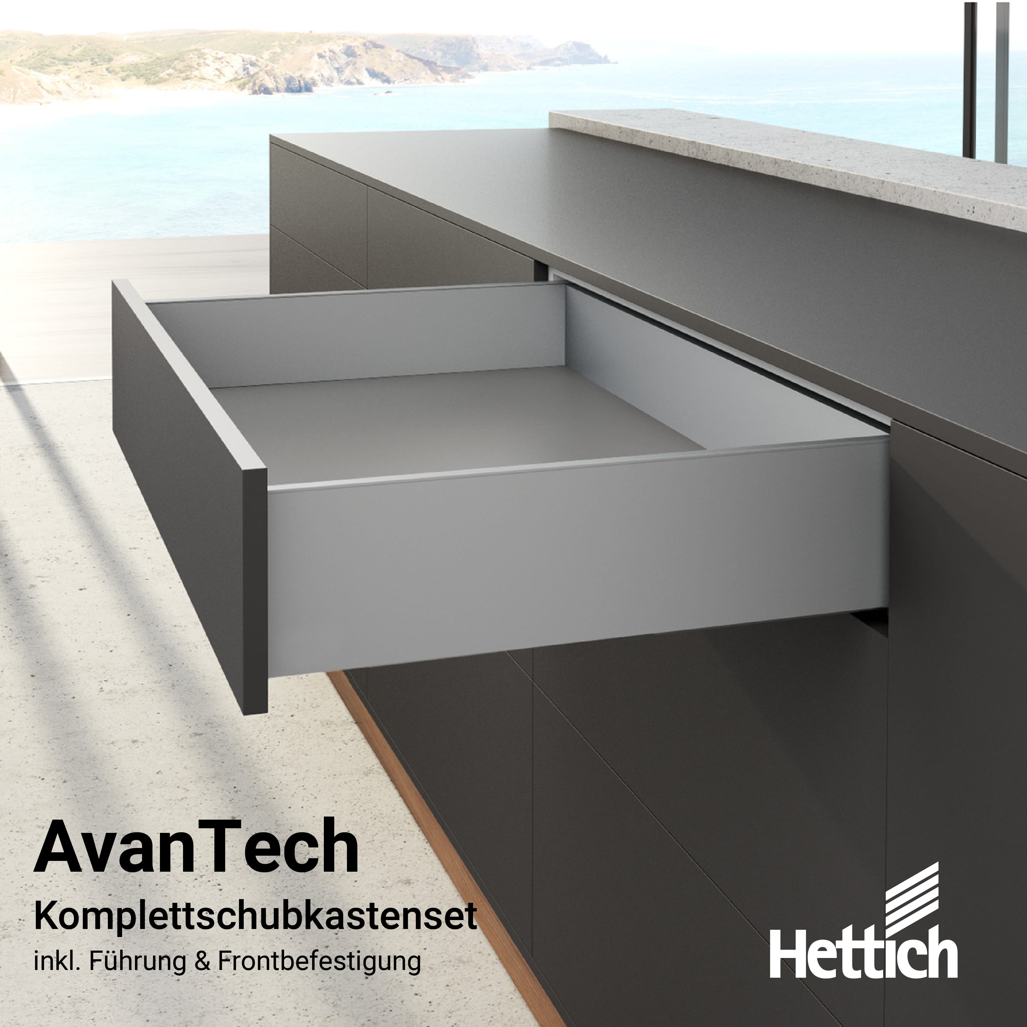 Hettich Komplettschubkasten AvanTech YOU Höhe 139 mm incl. Führung Frontbefestigung zum Einschlagen Farbe: anthrazit 550 mm Nennlänge 40 kg