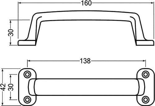 HERMETA Handgriff A.30mm L.160mm B.42mm Alu-Guss silberf.elox.Löcher 4,D.3,7mm HERMETA
