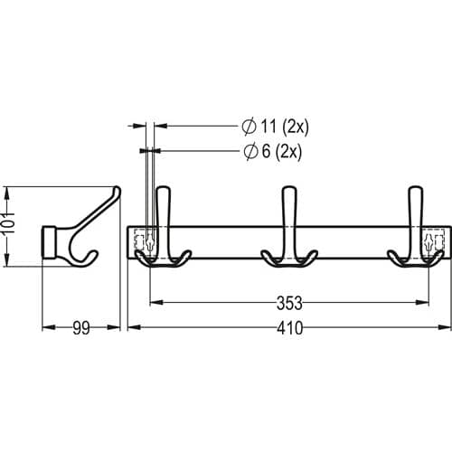 HERMETA Huthakenleiste 0822-0823 3 Hak.A.96mm LM silberf.elox.H.102mm HERMETA