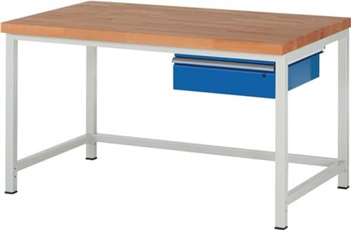 RAU Werkbank Classic B1500xT900xH840mm Buche massiv lichtgrau enzianblau Schubl.1