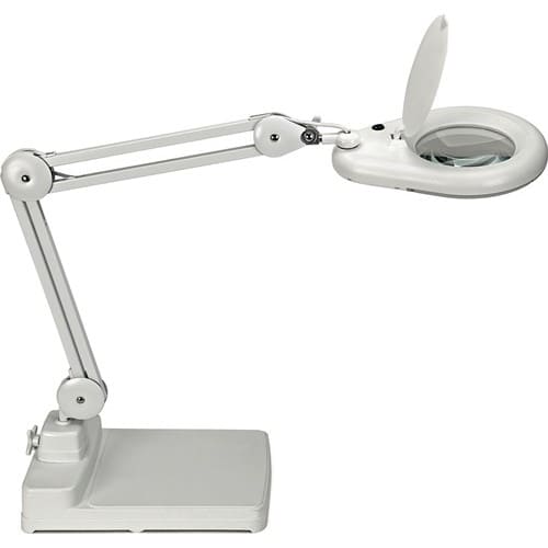 LED-Lupenleuchte Glaslinse 127mm (5 Zoll) Standfuß weiß m.Abdeckung,runder Kopf