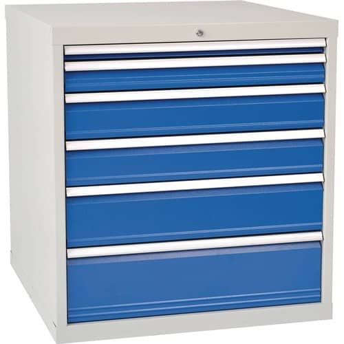 BEDRUNKA+HIRTH Schubladenschrank H1019xB1005xT736mm lichtgrau/signalblau 6 Schubl.Voll.Bedrunka