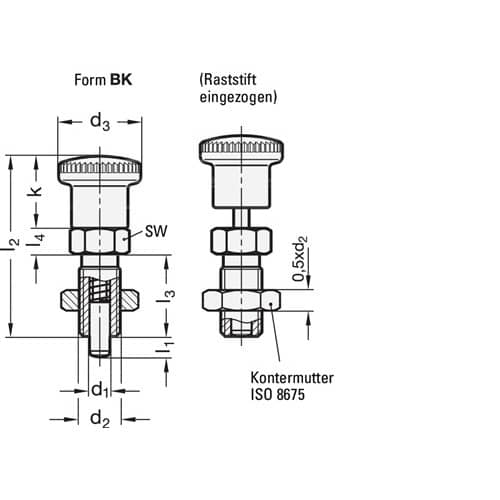 GANTER Rastbolzen GN 817 d1 10mm d2 M16 x 1,5mm l1 12mm Stahl,o.Rastsperre,m.Kontermut.