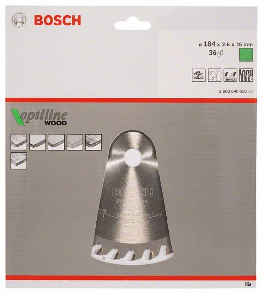 BOSCH Kreissägeblatt Optiline Wood für Handkreissägen, 184 x 16 x 2,6 mm, 36